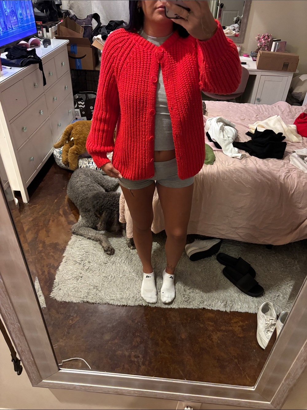 Chunky Knit Button-Up Cardigan Sweater - Red